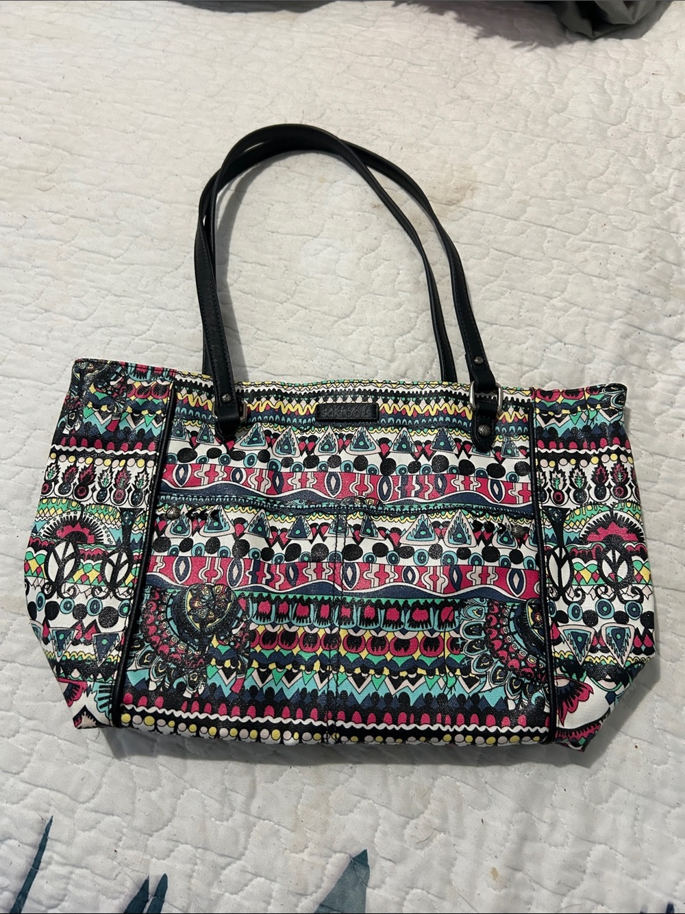 Sakroots Multicolor Geometric & Floral Print Tote with Black Handles